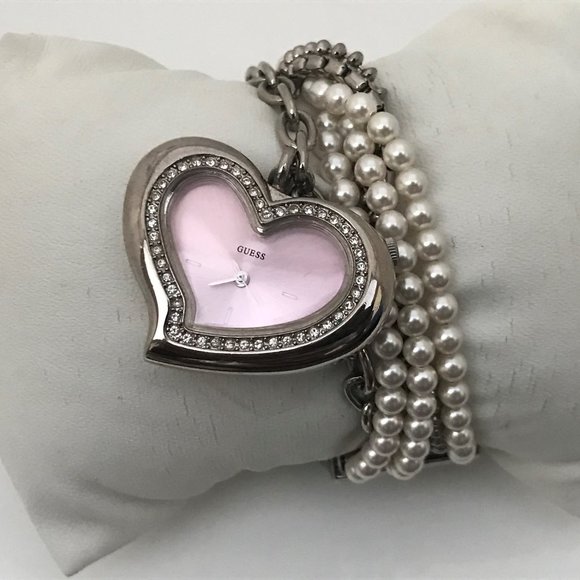 Guess Ladies Watch Heart Shape Pink Face Beads Cha - Picture 3 of 12